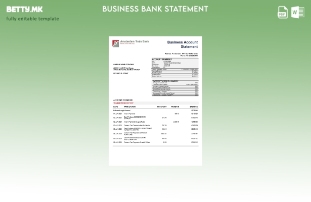 модерен стил Извод на деловна сметка на Трговската банка Шаблон Word и PDF